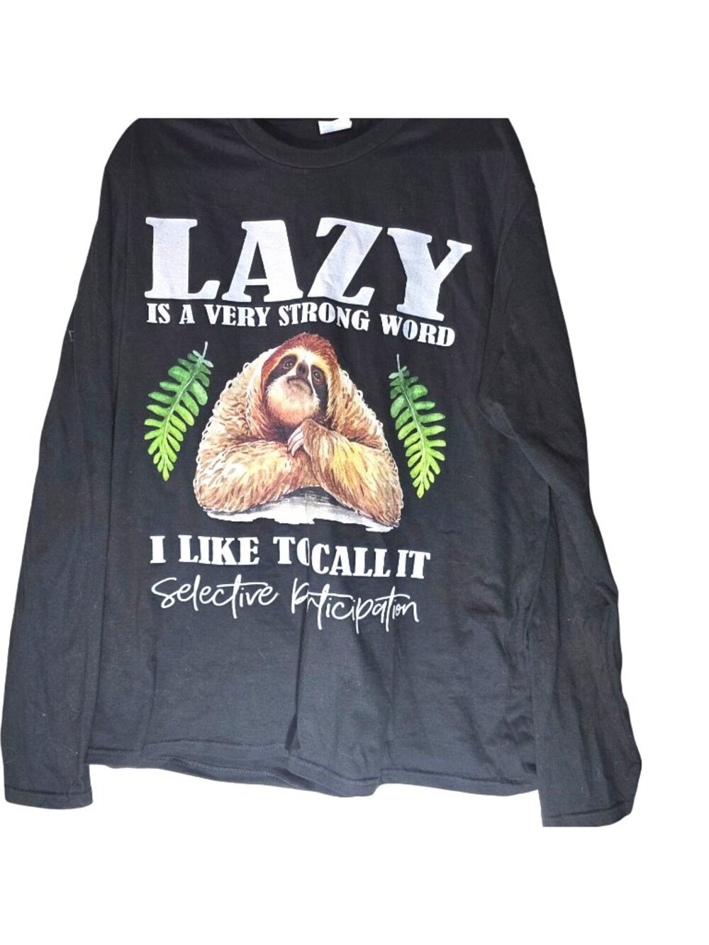 Lazy Sloth Graphic Long-Sleeve T-Shirt L Black 100% Cotton Funny whimsical gift